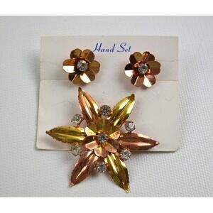 Vtg Gold Tone Flower Brooch Pin  & Twist Back Clip On Earrings Clear Rhinestones